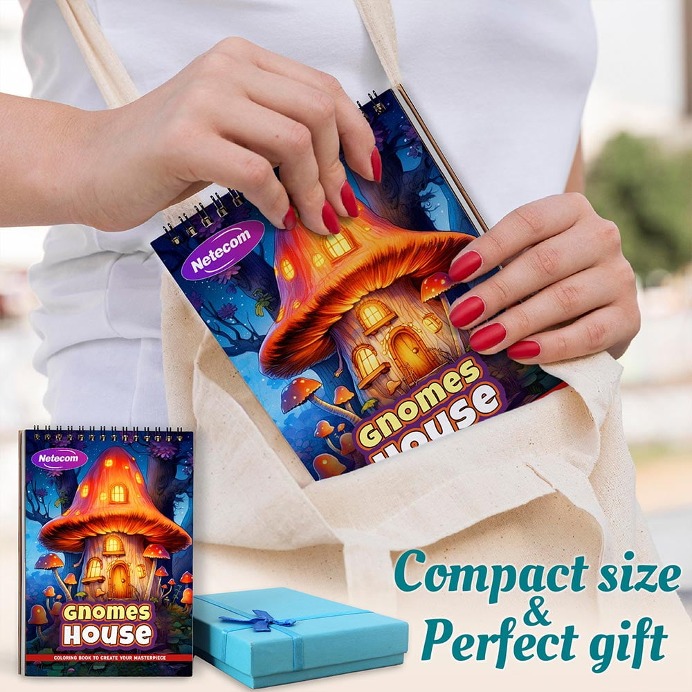 Gnomes House Coloring Book Spiral Bound For Adults, A5 Wooden Cover, 30 Charming Coloring Pages of Enchanted Gnome Villages for Stress Relief and Relaxation