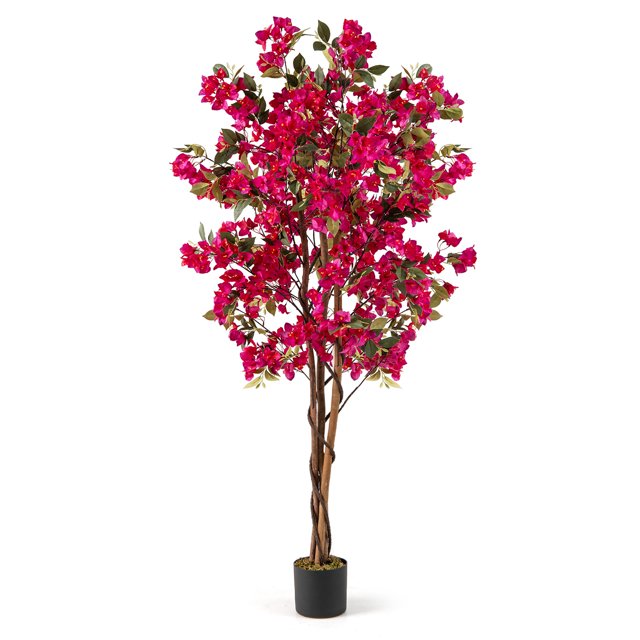 Gymax 6 FT Artificial Bougainvillea Tree Tall Faux Pre-potted Tree w/ 910 Flowers