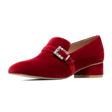 XYD Women Classic Crystal Buckle Strap Loafers Closed Round Toe Chunky Low Heel Comfort Driving Office Shoes Size 10 Red