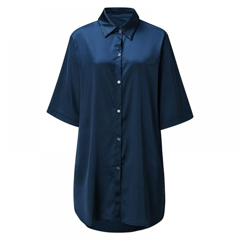 WBQ Women's Satin Nightshirt Button Down Nightgown 3/4 Sleeve Sleeptshirt  Boyfriend Notch Collar Sleepwear S-XXL