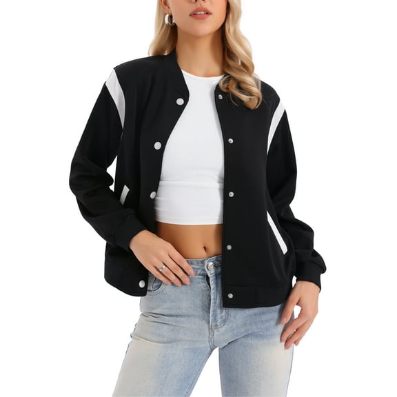 Bomber Jacket Women Casual Button Down Baseball Varsity Jacket School Outfits Fall Coats Fashion Clothes 2025 XS Black