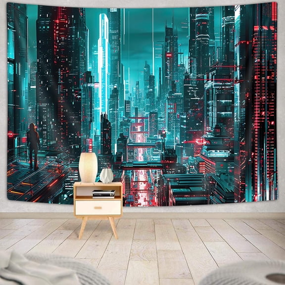 Cyberpunk Tapestry, Japanese Anime Gamer Tapestry Wall Hanging for Bedroom, Large Futuristic Furniture City Neon Gaming Tapestries Poster Blanket College Dorm Home Decor 60X40Inches