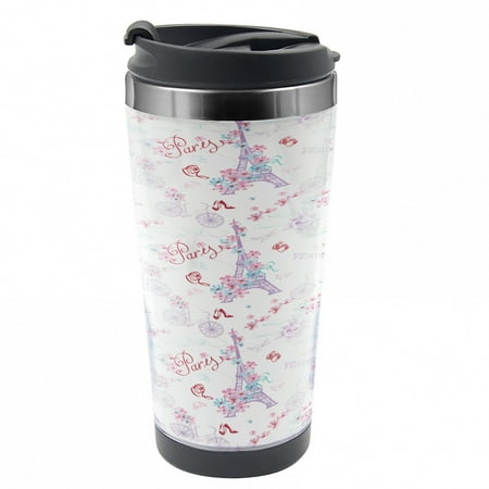 

Romantic Travel Mug Eiffel Tower and Flower Steel Thermal Cup 16 oz by Ambesonne