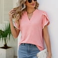thumbnail image 3 of Defitshape Women's Short Sleeve Cotton T Shirt Solid Loose Fit Notch V Neck Shirt Lightweight Lace Flutter Sleeve Blouse Soft Summer Top Pink XX-Large, 3 of 4