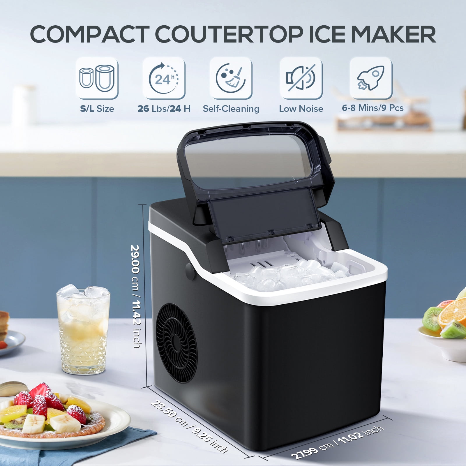 Auseo 18 lbs/24H Countertop Ice Maker Machine,  6 Bullet-Shaped Ice in 6 Min, Auto-Cleaning, Black