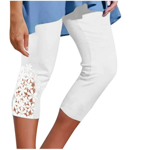Diufon White Capri Leggings for Women Elastic High Waisted Floral Lace Patchwork Stretch Soft Capris Pants
