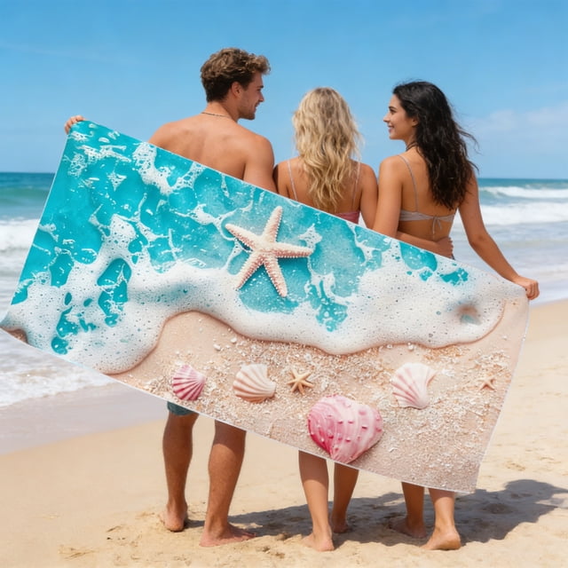 Amzcrzy Polyester Ocean Elements Beach Towel Oceans-Themed Beach Towel Starfishs Seashells and Sea Turtle Fast-Drying Absorbent Bath Towel Microfiber Beach Towel Non-Functional Blankets