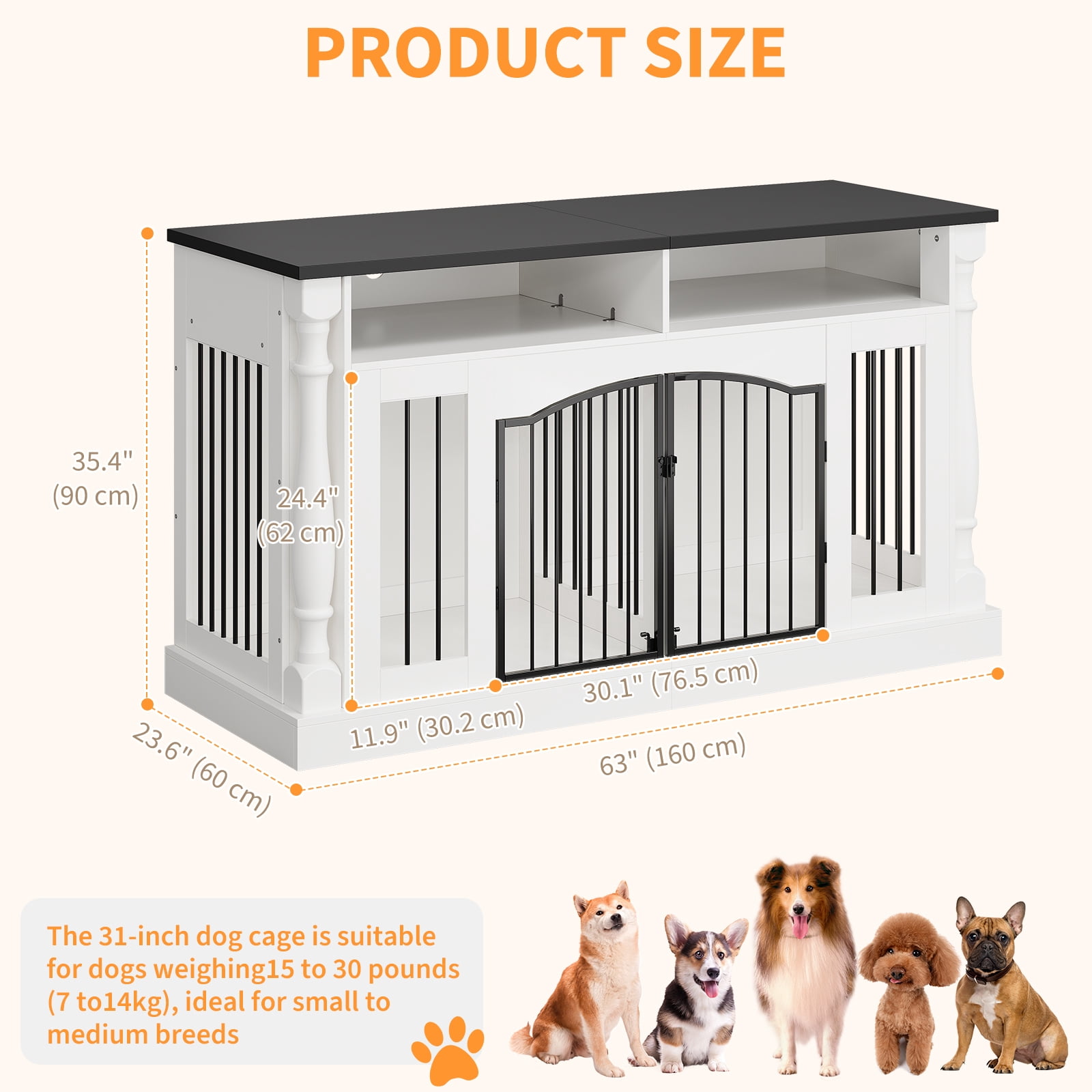 Heavy Duty Double Dog Crate Furniture for 2 Dogs - 63" Wooden Kennel with Open Storage, TV Stand Table, Charging Station, Sliding Barn Doors - Roman Column Design for Small & Medium Dogs - White