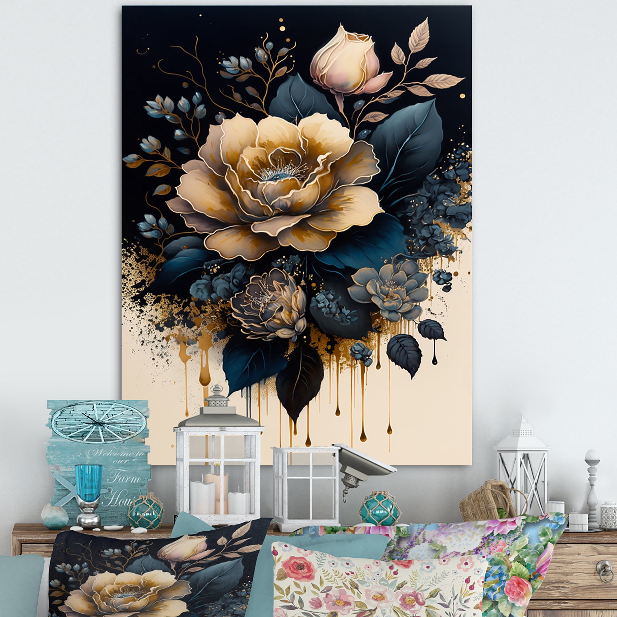 Designart Navy Blue And Gold Rose I Canvas Wall Art
