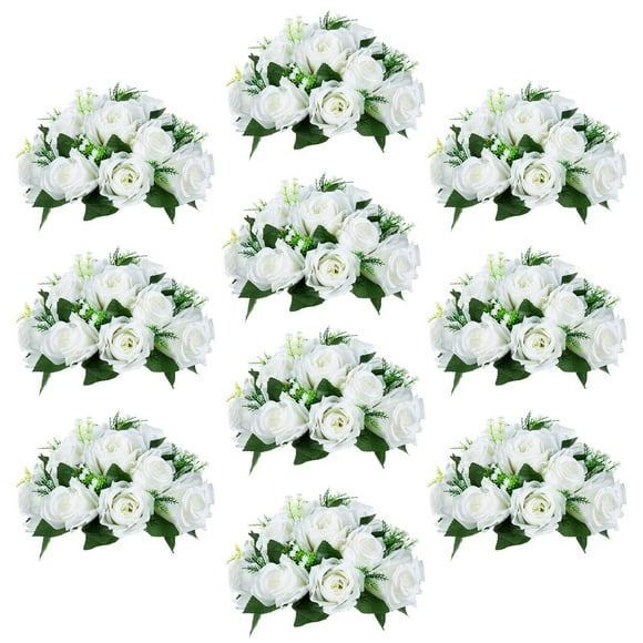 Nuptio Set of 10 White Rose Artificial Flower Kissing ball, 15 Heads Fake Peony Silk Flowers Bouquet for Centerpiece Wedding Birthday Party Home Table Decor