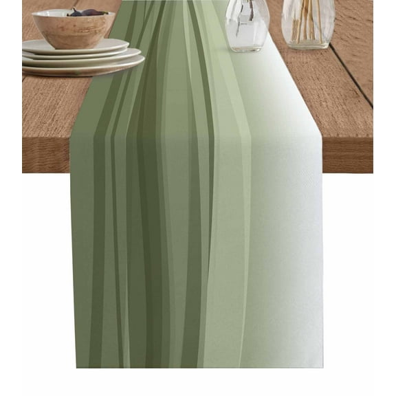 Table Runner Dresser Scarves 60 Inch Long,Abstract Sage Green Wave Stripe Linen Dining Table Runners Minimalist Art Color Gradient Tabletop Scarf for Wedding Holiday Party Kitchen