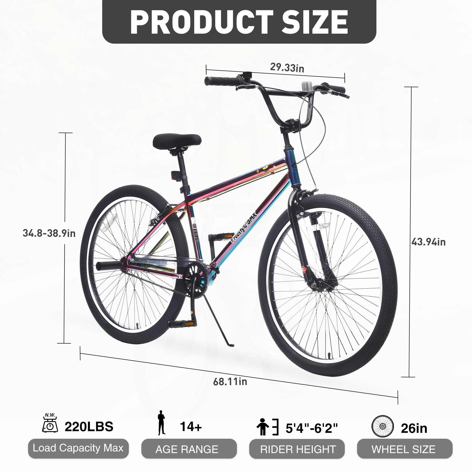 26-Inch Freestyle Bike,Single-Speed Steel Frame Bicycle with Front & Rear Brakes