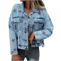jsaierl Womens Crop Star Prints Washed Pocket Jean Jacket Fashion Long Sleeve Lapel Button Down Denim Jacket Trucker Jacket