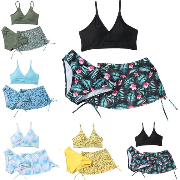 8-12 Years Big Girl's 3 Piece Swimsuits Printed Bikini Bathing Suit with Cover Up UPF 50