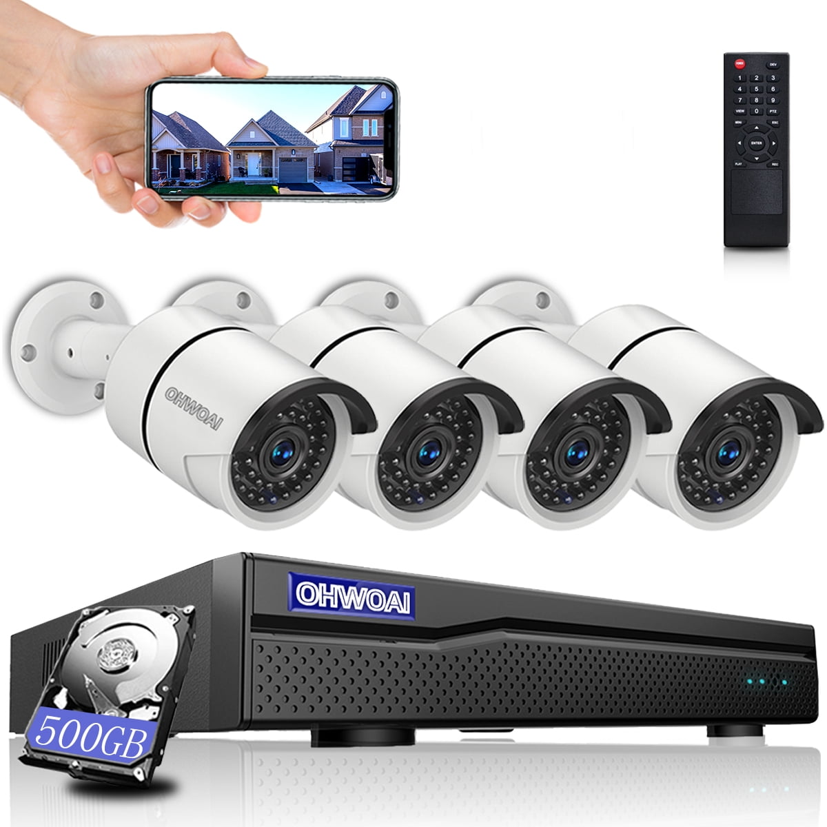 4MP NVR with 4pcs Outdoor 4MP PoE Cameras PC/Mobile Remote Access PoE IP Security System Motion Detection Night Vision Support Audio 1TB Hard Drive Pre-Installed for 24/7 Recording and Playback 