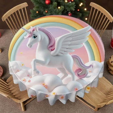 RKSupls 60 Inch Round Tablecloth, Rainbow Unicorn Polyester Table Cover - Soft, Stain Resistant & Washable Decor for Wedding, Party, Holiday, Home Dining