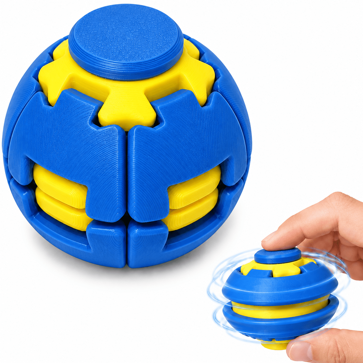 3D Printed Push-to-Spin Relief Fidget Ball Mechanical Rotating Anxiety Relief Desk Gadget Focus Aid Stress Relief Toy for Adults & Teens 12+ Blue
