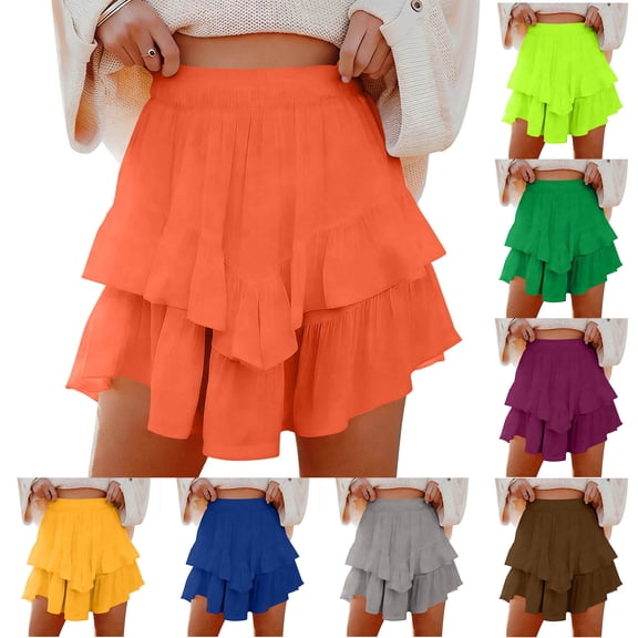 Bovxnpu Women's Mini Skirt Casual High Waisted Boho Flowy Ruffle Layered Mini Skirts