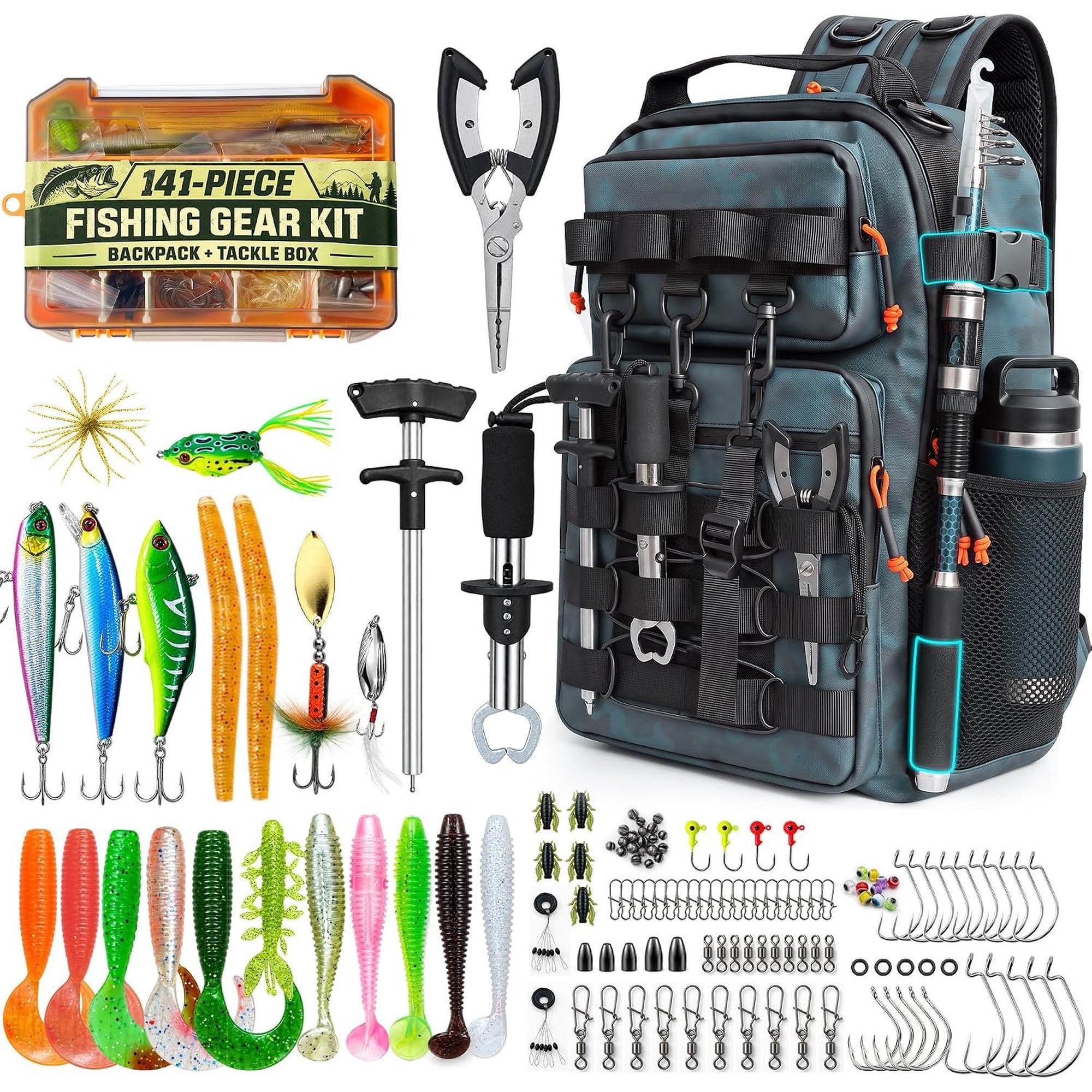 141 count Fishing Backpack with Tackle Boxes Fishing Gear Kit Tackle Bag