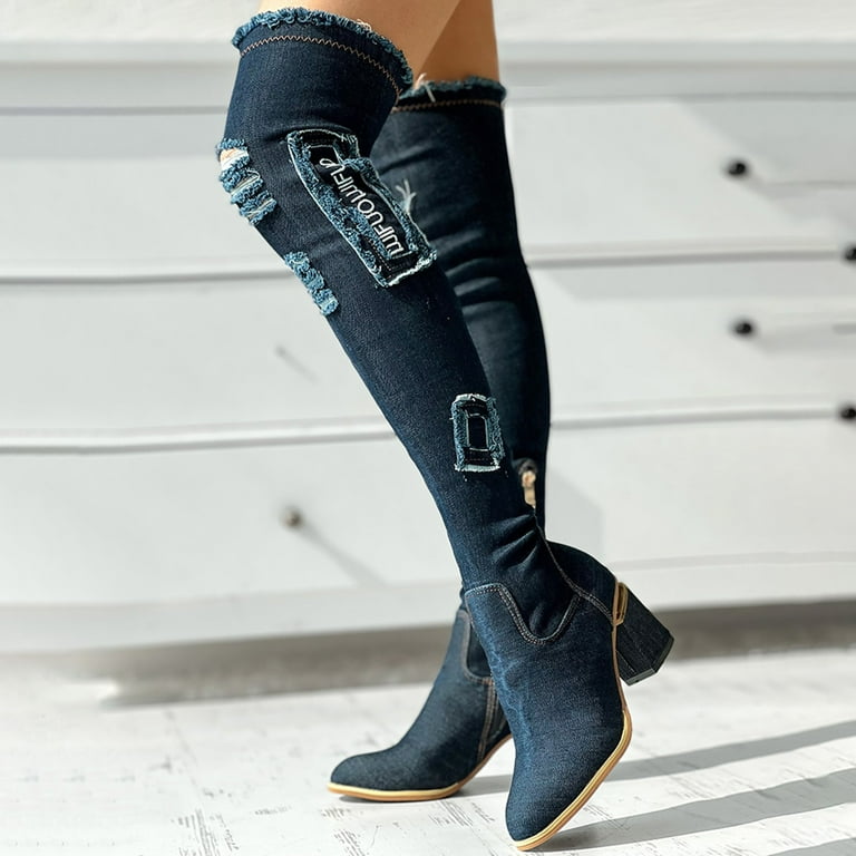 PMUYBHF Denim Knee Length Boots And Winter Thick Heels Slim Legs Long Boots with Elastic High Heels That Do Not Fall Off The Tube 50.98 Walmart