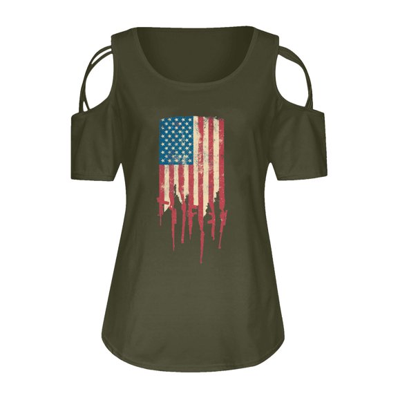250th Anniversary Patriotic T Shirts for Women Summer Cross Off Shoulder Short Sleeve Casual Print Independence Day Trendy Tops Army Green XXL
