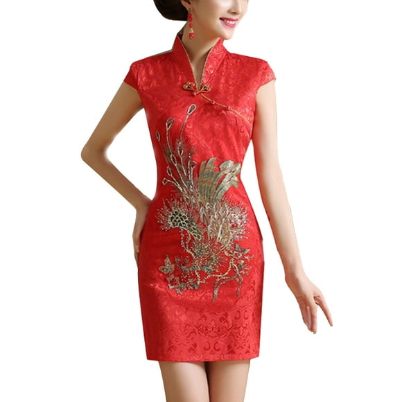 Qipao tradicional chino de boda para mujer, ajustado, de manga corta, talla S (rojo)