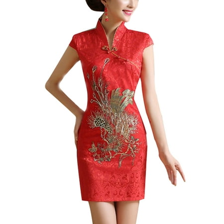 

cheonasam Traditional Chinese Women Wedding Cheongsam Slim Short Sleeve Qipao Size L (Red)