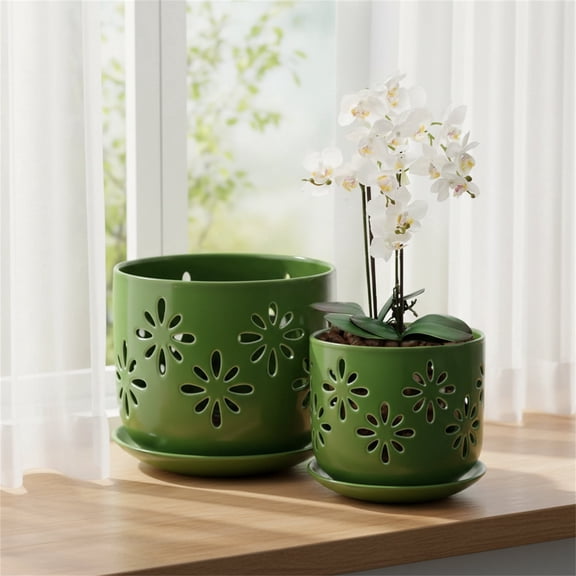 EFISPSS 5 6 inch planter pots,Ceramic orchid pots with holes and saucers,bright green,2 Count