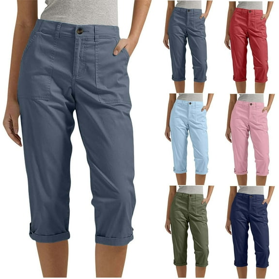 CFLVAEK Twill Cargo Pants for Women Plus Size High Waisted Capri Pants Comfy Roll Up Wide Leg Cropped Pants with Pockets Red XXXL
