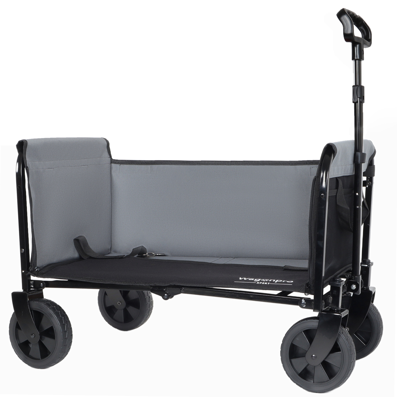 All-in-One Convertible Folding Wagon Cart with Bench Seat and Dog Leash, Heavy Duty Utility Trolley with All Terrain Wheels, Lightweight Shopping Cart for Beach, Garden, Camping, Sport, Black