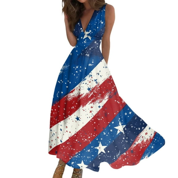 Women's Patriotic Stars and Stripes V-Neck Sleeveless Maxi Dress, Casual Summer Beach Party Long Dress for Independence Day Outfit 4th of July,Blue S