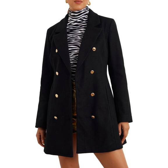 INSPIRE CHIC Winter Overcoat for Women's Notch Lapel Double Breasted Coats XS Black