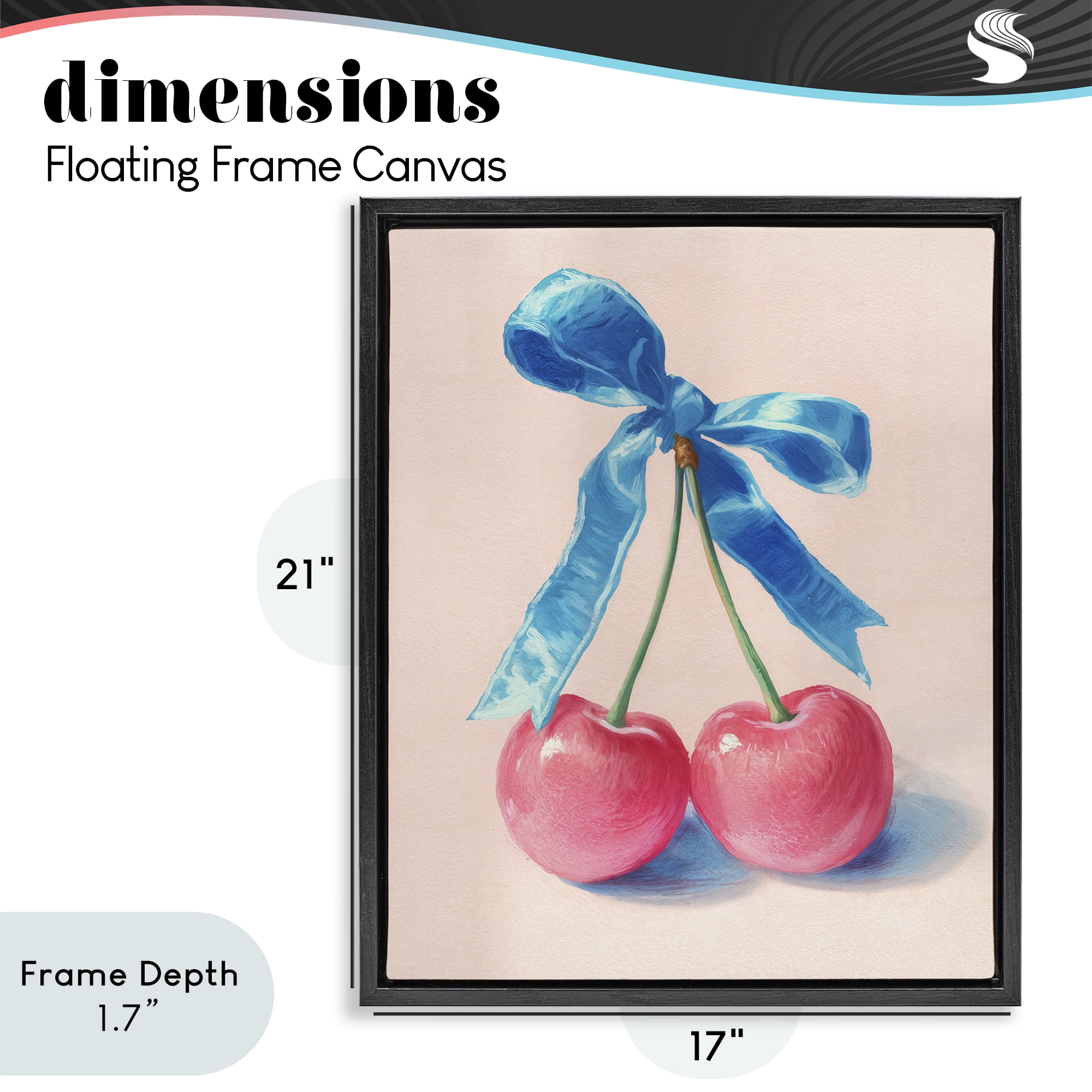 Stupell Industries Twin Cherries with Blue Ribbon Black Framed Floater Canvas Wall Art, design by Imagine It Images