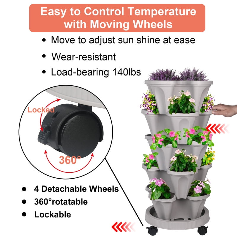 5-Tier Vertical Stackable Tower Planter for Strawberries, Flowers, Herbs, and Vegetables - Gray.