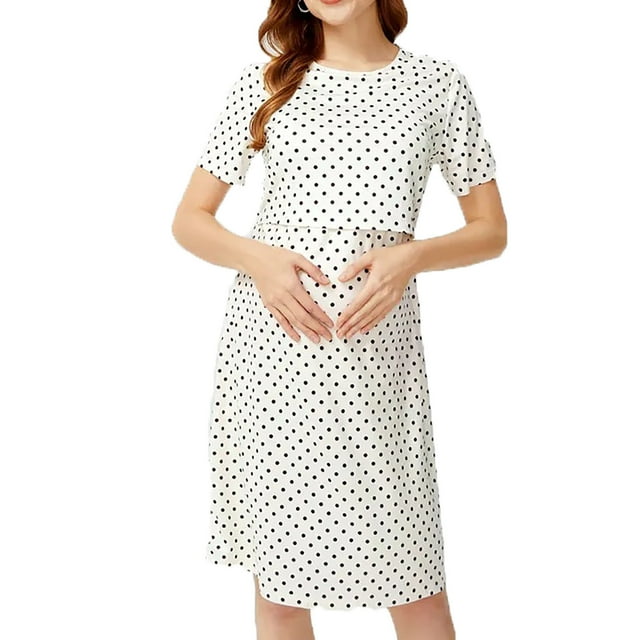 Zwiiyzr Robe de Maternité pour Femmes Enceintes Confortable à Manches Courtes Robe d'Allaitement à Pois Blanc