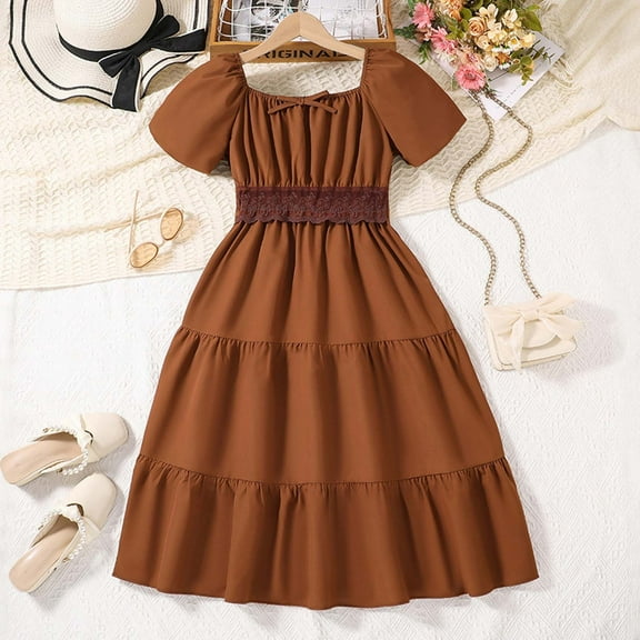 JUoaLXG Toddler Girls Casual Dresses Summer Children'S Square Collar Short Sleeve Waist A Line Dress Outwear,Brown,7-8 Years