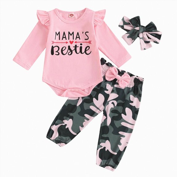 3Pcs Toddler Baby Girl Clothes Girls Outfits Prints Romper Camouflage Pants Headband Fall Winter Girl Clothing Set 0-18 Months Kaprioy Baby Girl Clothes