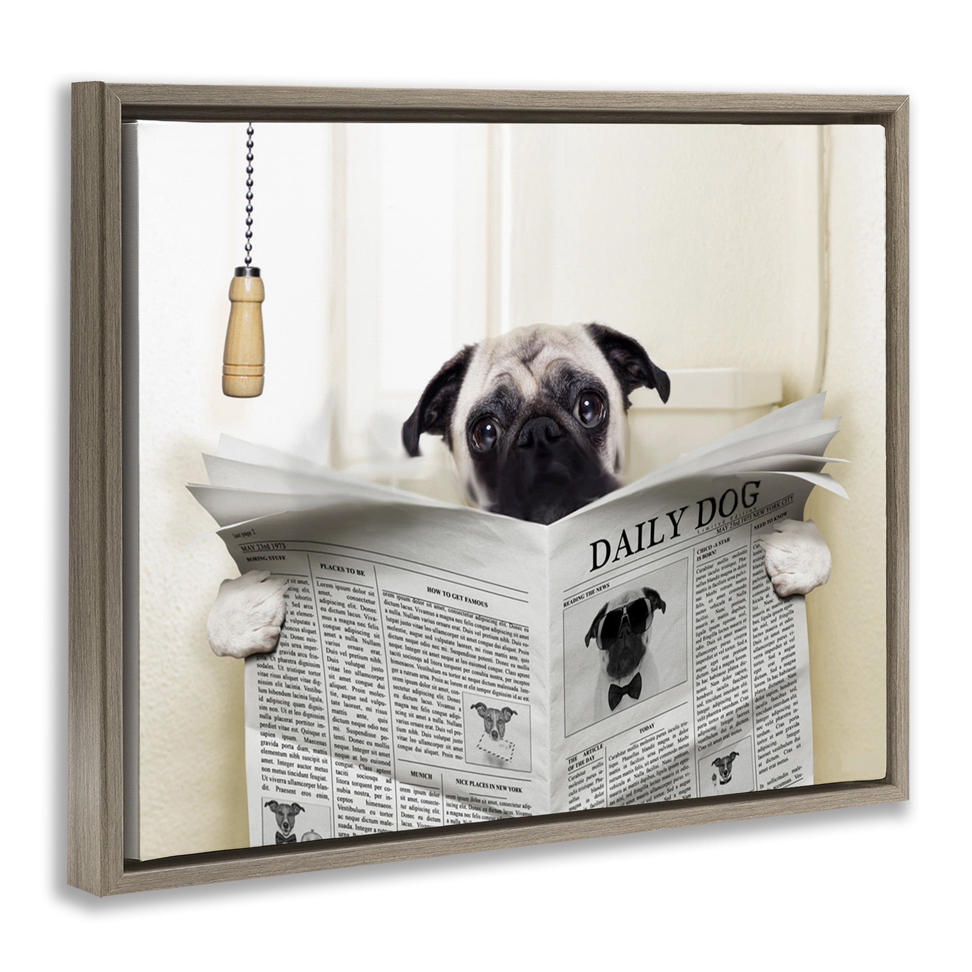 Stupell Industries Pug Reading Newspaper in Bathroom Animals & Insects Painting Brown Floater Framed Canvas Art Print Wall Art, 31 x 25