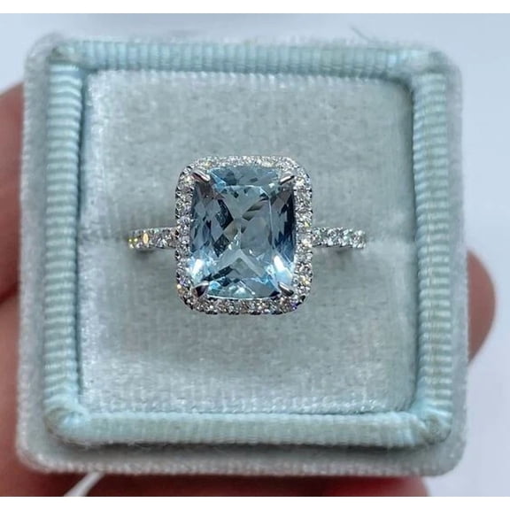 2Ct Cushion Cut Simulated Blue Aquamarine Halo Women Wedding Ring 14K White Gold Plated