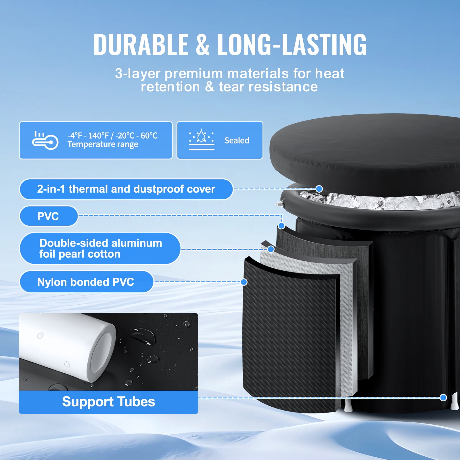 KFFKFF Chilled Water Tub, Athletic Hydrotherapy Equipment, Mobile Exterior Ice Immersion Pool for Recuperation, 98 Gal Inflatable Collapsible Bath with Lid, Domestic Ice Vessel for Mature Individuals