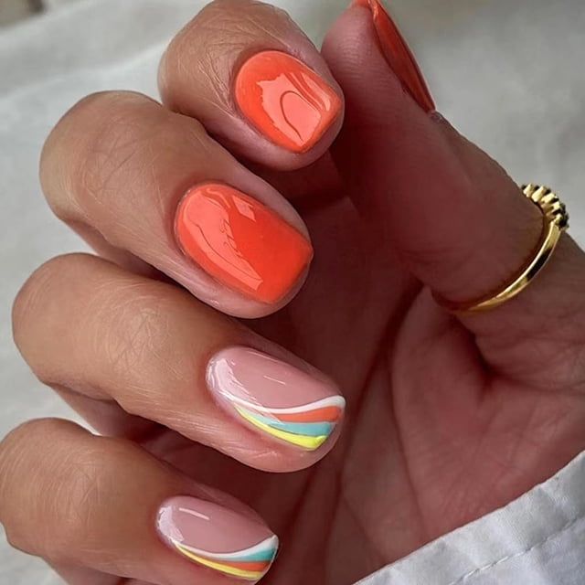 Uñas postizas WAFOLOZE Medium Square Orange Rainbow 24 unidades