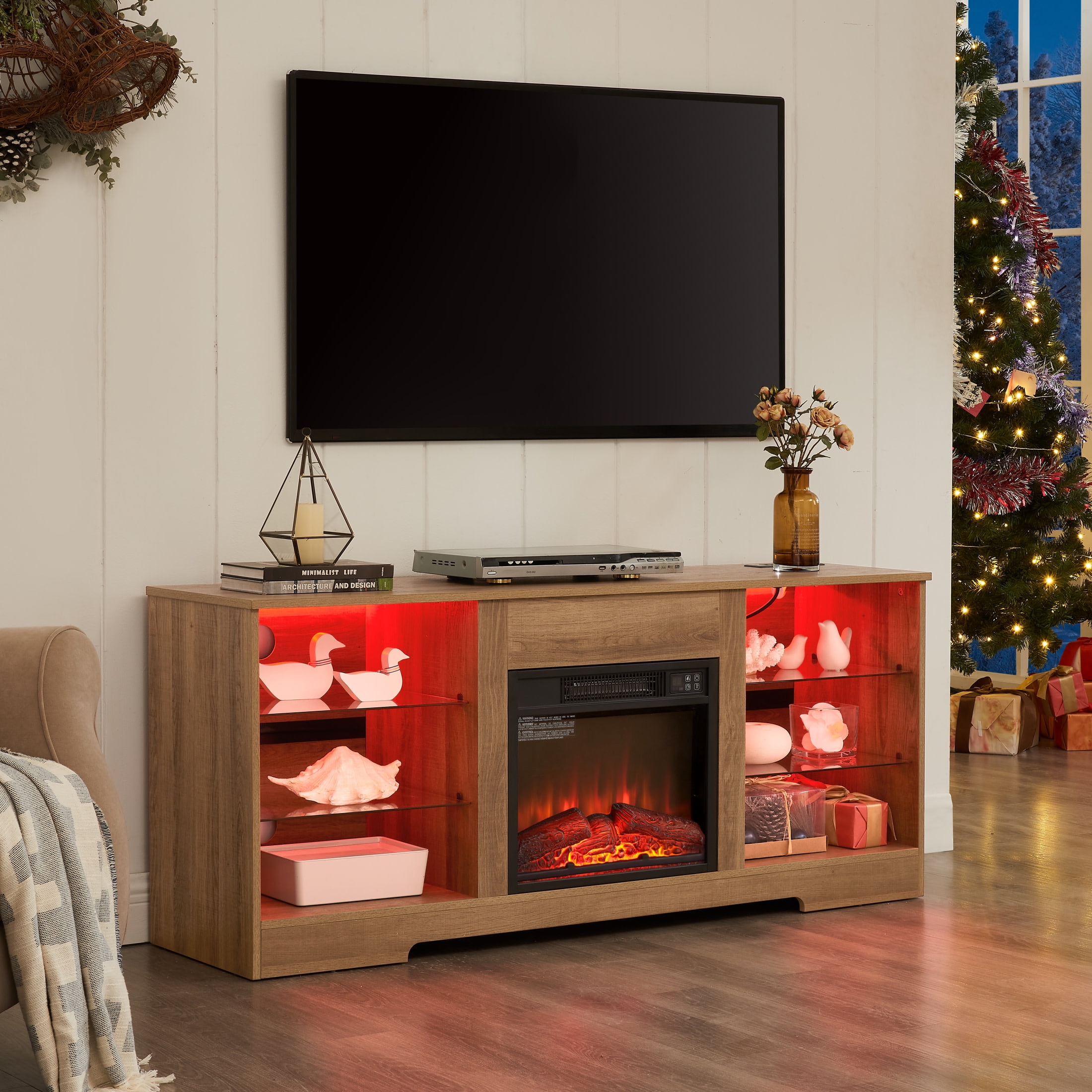 Noble House Hector 58" Electric Fireplace TV Stand, Media Console with Glass Shelves, Cable Hole, 62" TVs, Oak