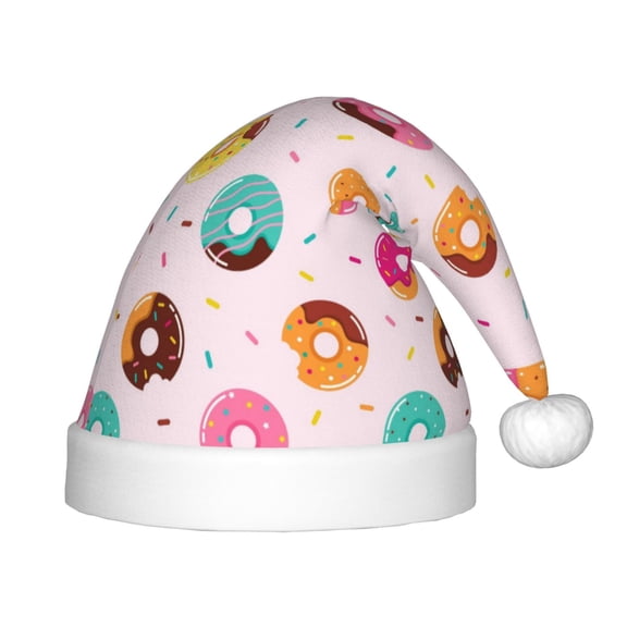 Fuzoiu Donut Print Santa Hat Christmas Hat for kids,Santa Hats with Pompom, Unisex Xmas Holiday Hat for Christmas New Year Festive Party Supplies