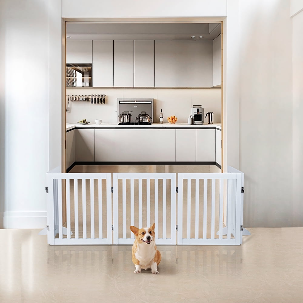 Unipaws 24”H Free Standing Pet Gate for Dog, Wooden Dog Gates for Doorway, Stairs, White