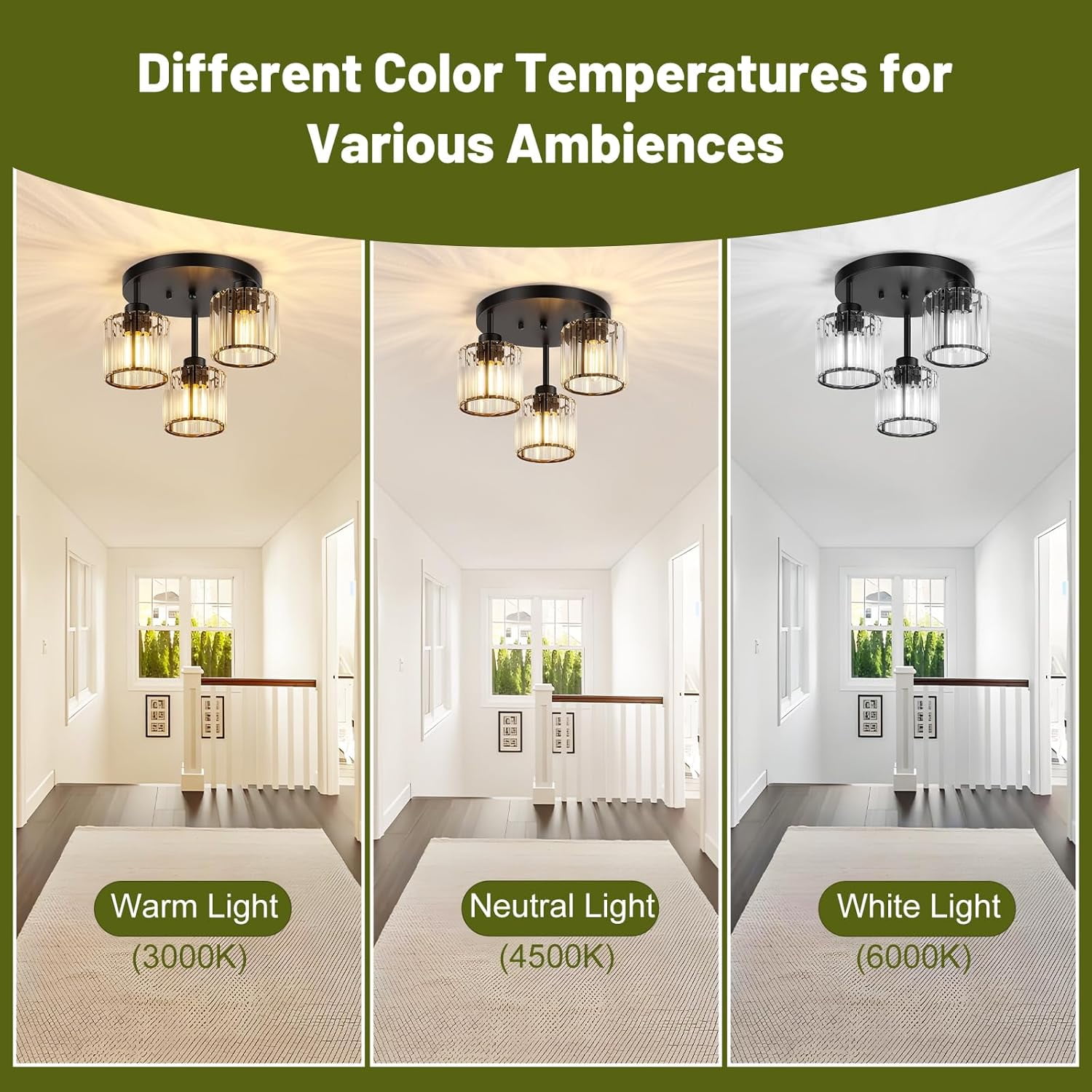 3-Light Crystal Semi Flush Mount Ceiling Light, Black Kitchen Lighting Fixtures Ceiling, Modern Hallway Light Fixtures with Clear Crystal Shades, Close to Ceiling Lamp for Bedroom Foyer Entryway