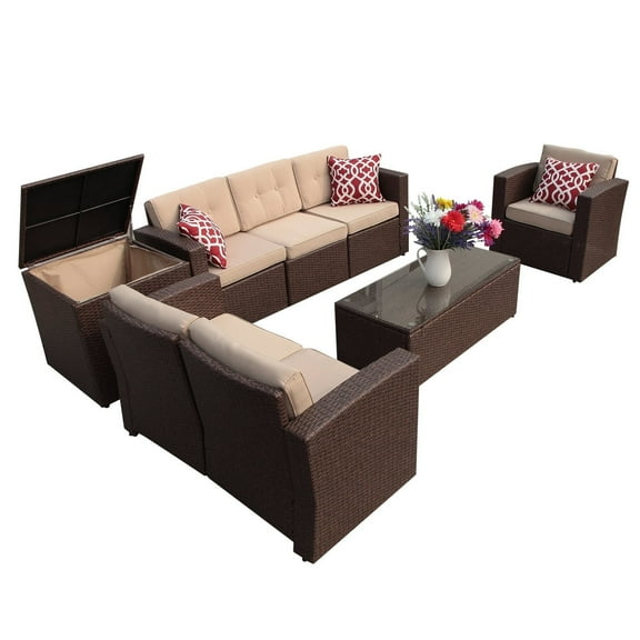 JOIVI 8 Pc Outdoor Furniture Set with Storage Box, Wicker Rattan Patio Conversation Set with Sectional Sofa Couch for 6 People, Espresso Brown