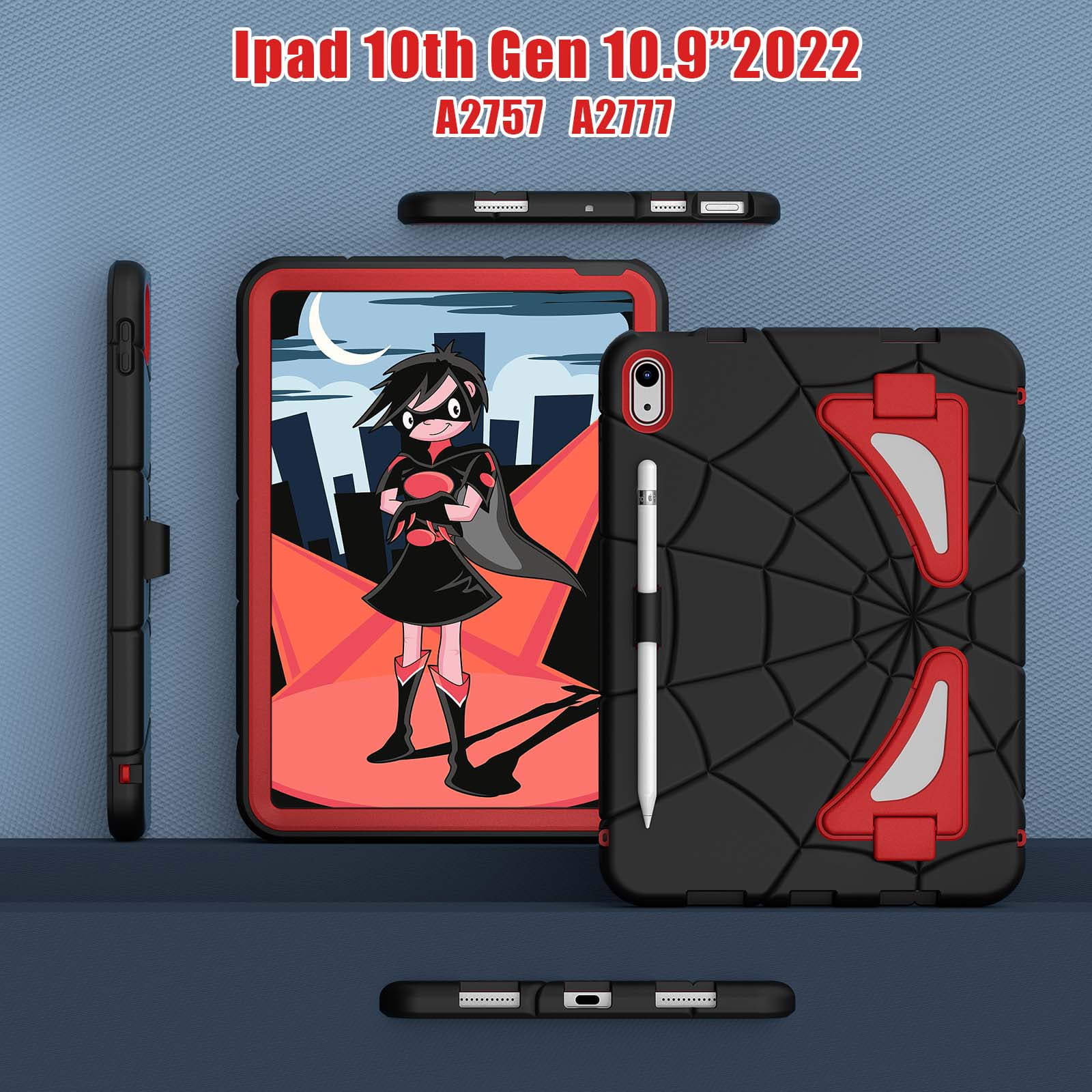 Dteck iPad 10th Generation Case iPad 10.9 Case 2022 New iPad 10th Gen Case for Kids 10.9 Inch Shockproof Protective Cover with Pencil Holder & Shoulder Strap & Kickstand for Kids Children,Black + Red
