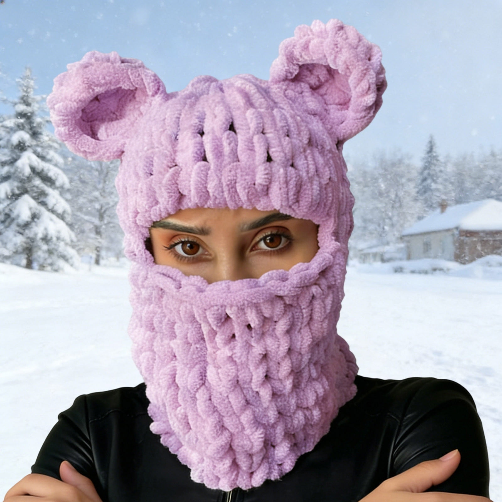 Y2K Knit Balaclava Face Mask, Bear Ear Winter Warm Hat for Women & Men - Knitted Skull Beanie Ski Scarf for Halloween & Cold Weather