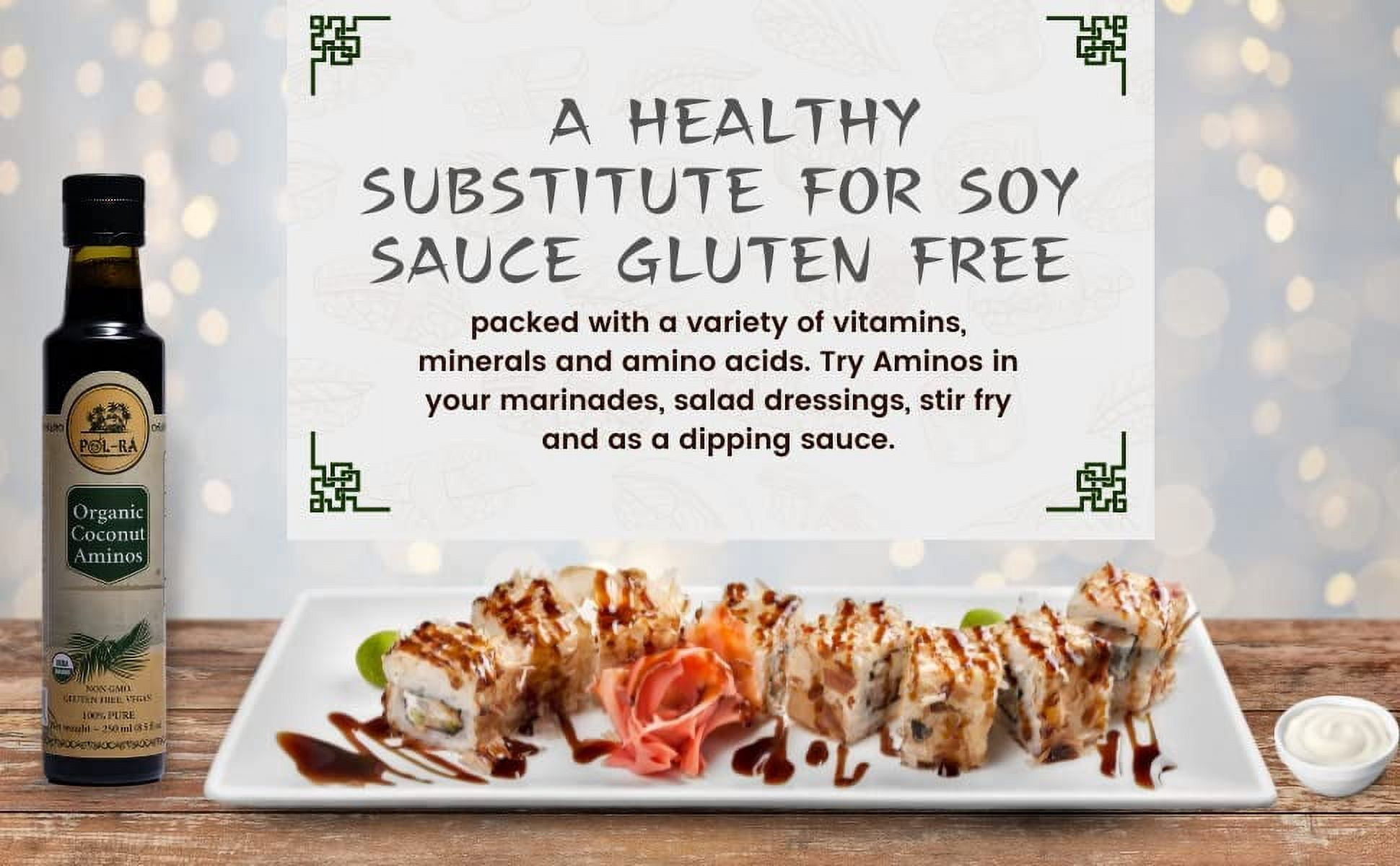 P L-RA  Organic Coconut Aminos - Soy Sauce Alternative - Vegan, Paleo & Keto - Low Glycemic, Low Sodium - Marinade Substitute - Gluten Free - Soy Free - Kosher - 8.5 oz (50 Servings) - Pack of 4