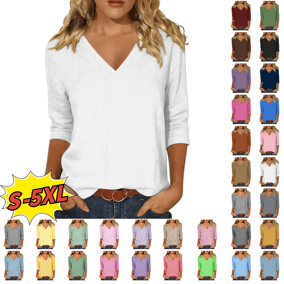 Sunnin Women's V Neck T Shirts Solid Color 3/4 Length Sleeve Tops for Women Casual Loose Fit Base Tees Size S-5XL